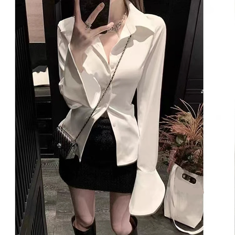 

Sexy Flare Long Sleeve Women Shirt 2023 Solid Color Slim Lapel Lace-up Tops Bandage Design Vintage Autumn Female Blouses 30390