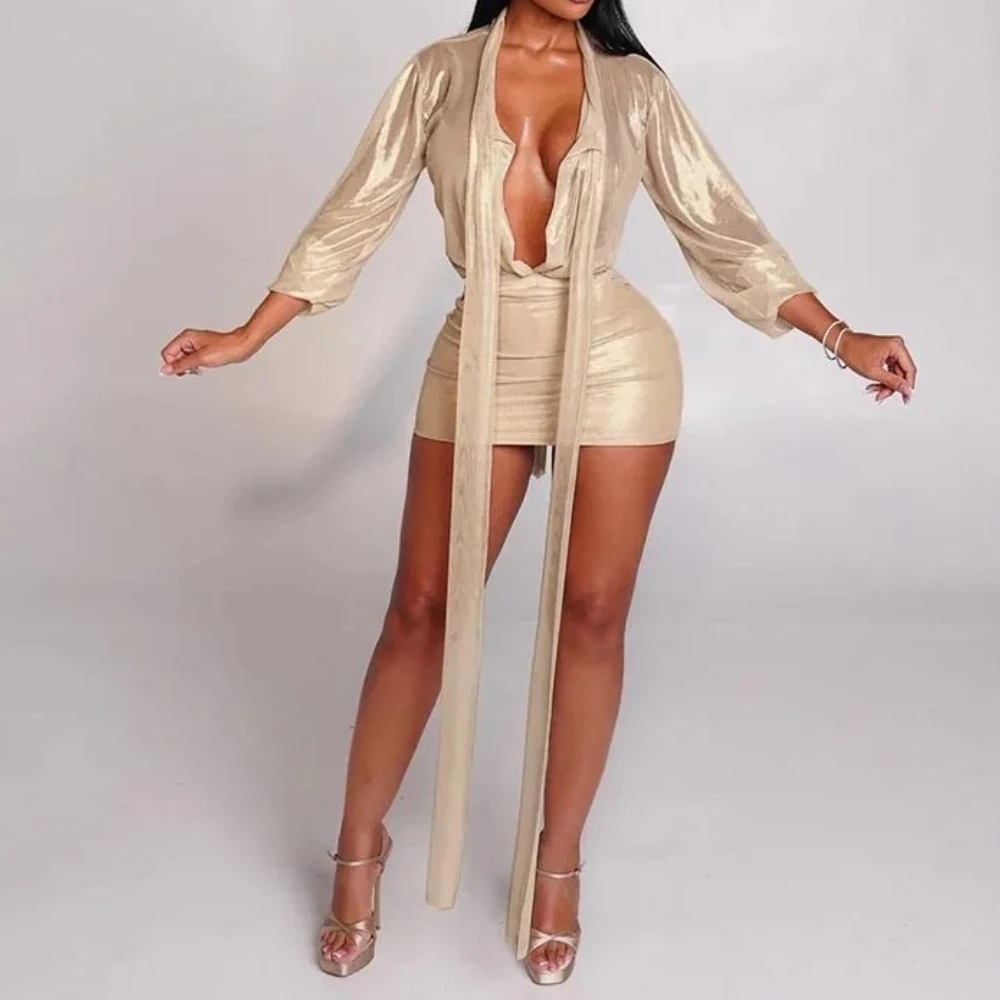 Gilding 2 Piece Set Ribbons Lace Up Deep V Neck Long Sleeve Shirts Top + Bodycon Mini Skirts Women Shiny Party Clubwear Suits