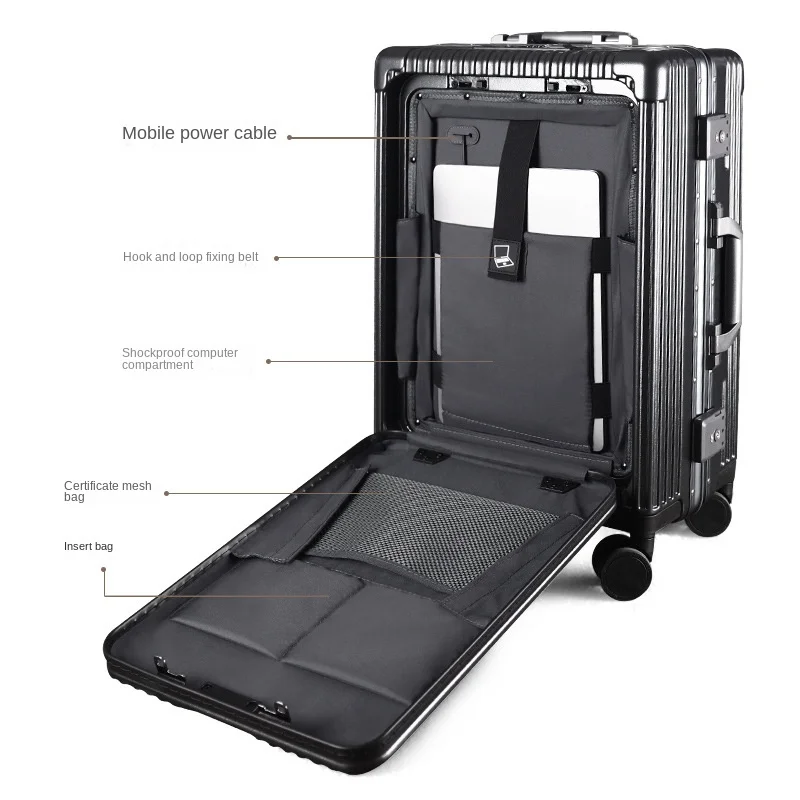 Multi Functionele Voorste Opening Mount Case, Pc Aluminium Frame, Wachtwoord Trolley Case, 20 Inch Universele Wiel Opladen Reiskoffer