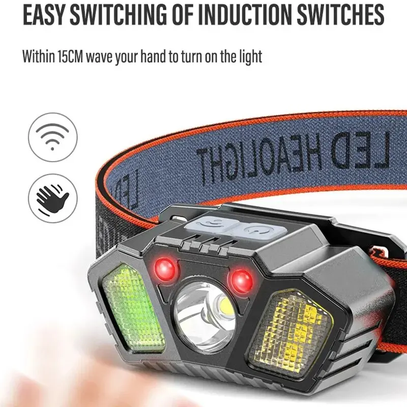 Portable Sensor Headlamp Rechargeable XPE COB Headlight 5Modes Fishing Camping Hiking Red Warning Head Lamp With Gesture Control