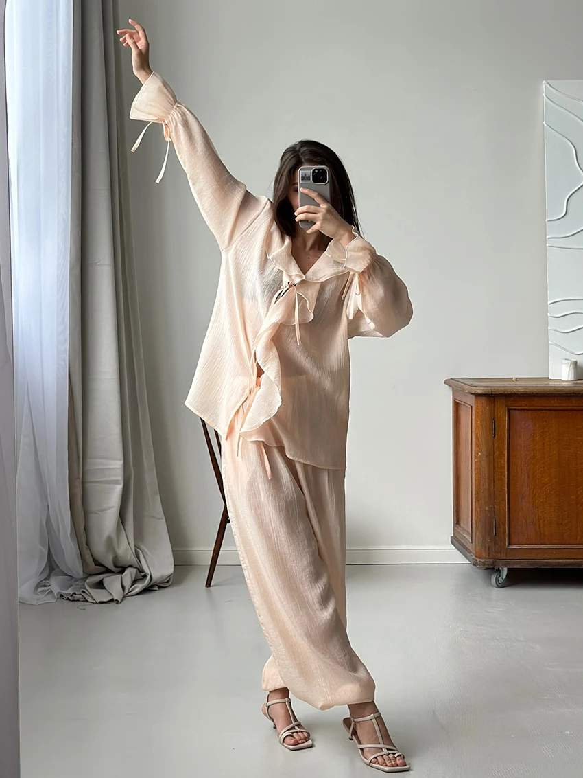 

Martahqiqi Casual Female Nightwear Set Lace Up Long Sleeve Nightgowns Turn-Down Collar Pajamas Pants Winter Women Sleepwear Suit