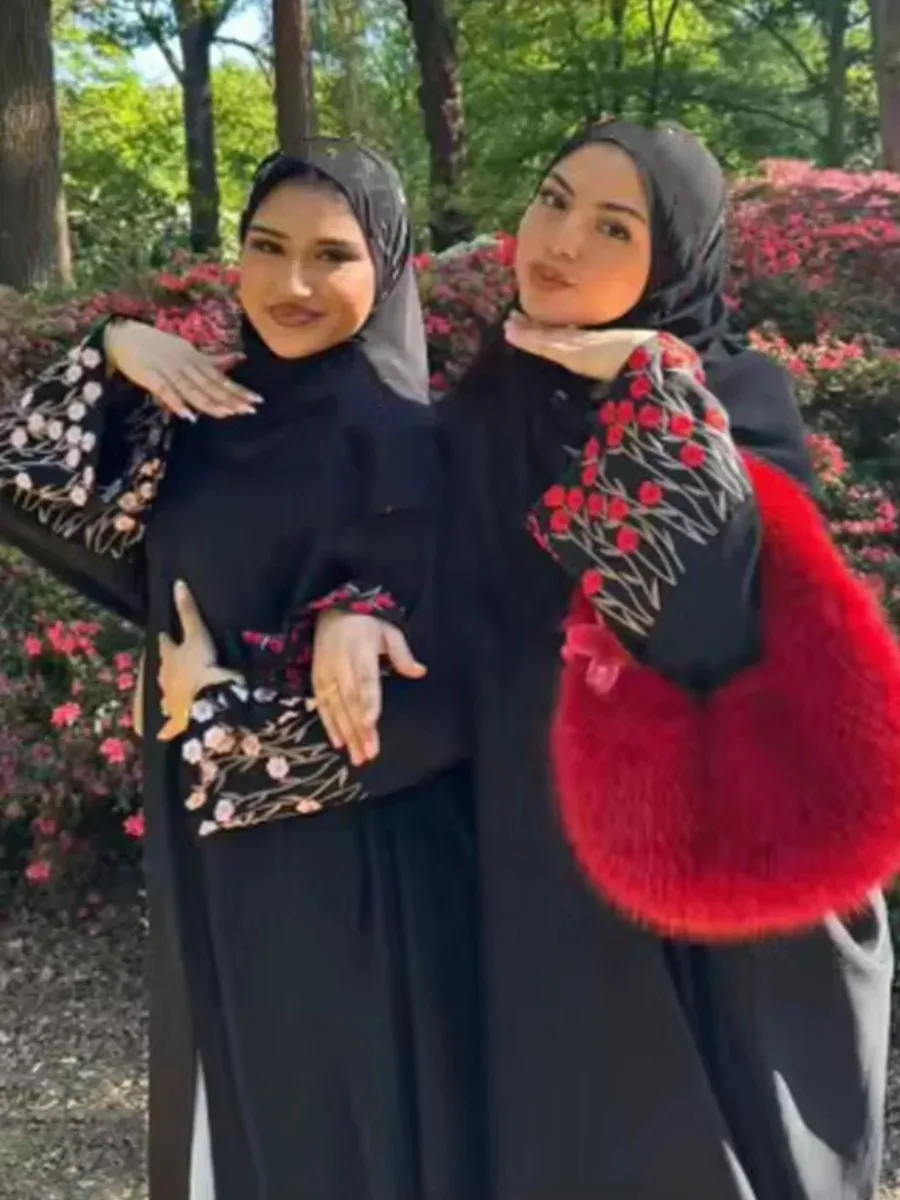 

Женские мусульманские платья Абая Дубай Джалабия Абая Кафтан Длинный халат Рамадан 2025 Ислам Марокко Vestidos Открытое платье с арабской вышивкой