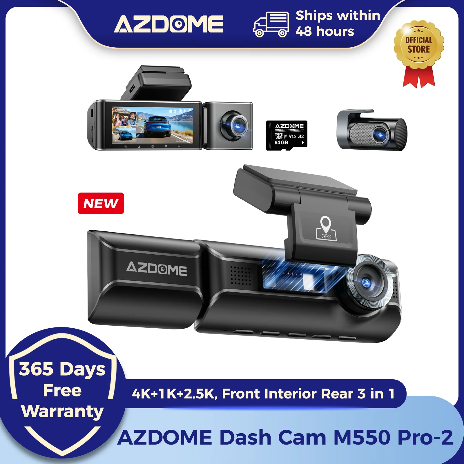 מצלמת רכב AZDOME 4K M550 Pro קדמית, אחורית, פנימית
