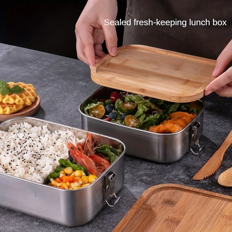 Stainless Steel Portable Bento Lunch Box With Bamboo Lid For School & Office