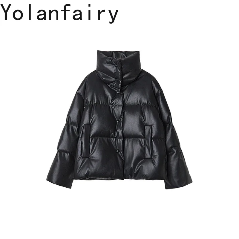 

YOLANFAIRY пуховик из натуральной кожи, женский зимний короткий пуховик, женское пальто из овчины, свободные большие куртки-пуховики FCY51