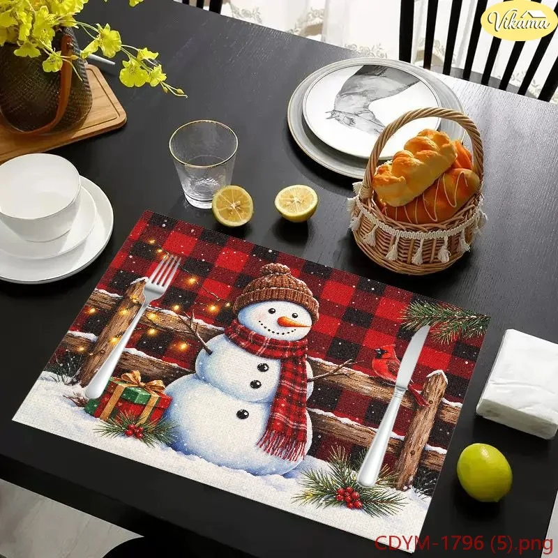 VIKAMA Christmas Placemats, Winter Village Snowy Town Bridge Snowman Scene, Washable Holiday Kitchen Dinner Party Mat