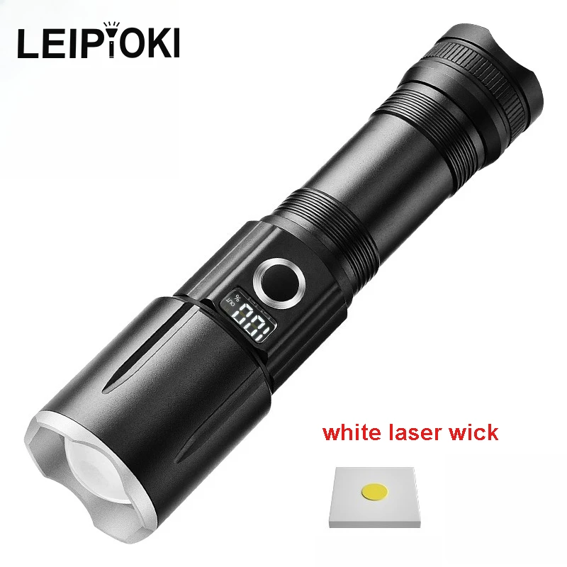 

High Power LED Rechargeable Flashlight with White Laser Wick Digital Display Telescopic Zoom Aluminum Torch Power Bank Lamp