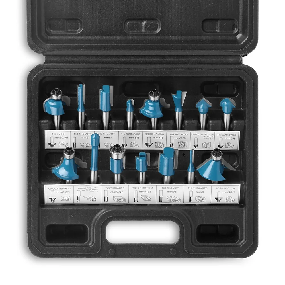 

15pcs Router Bit Set 1/4 Inch Shank Carbide Milling Cutter Router Bit Set Woodworking Trimming Straight Face Milling Cutter