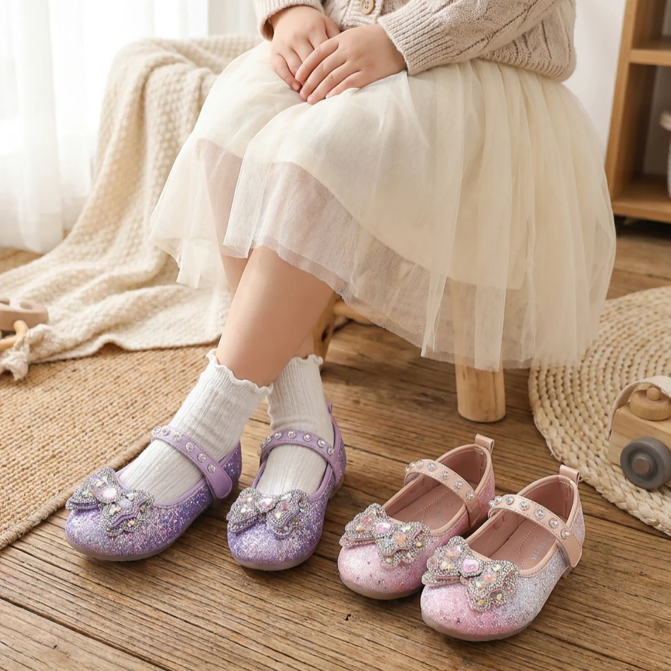 Girls Crystal Leather Shoes with Bowknot 2026 New Autumn Toddler Dress Shoes Non-slip Trendy Princess Girls School Party Flats