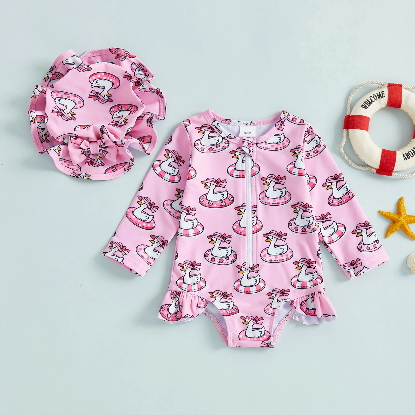 Infant Girls Swimsuit 2Pcs Set Duck/Shell Print Crew Neck Long Sleeve Zipper Rash Guard Swimwear and Sun Hat