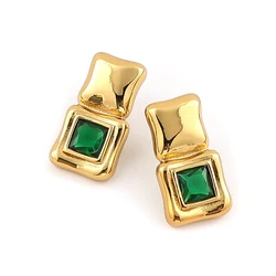 Charm Green Glass Square Earrings for Women Girls Stainless Steel Gold Color Party Female Ear Studs Jewelry Gifts ZZZ1086