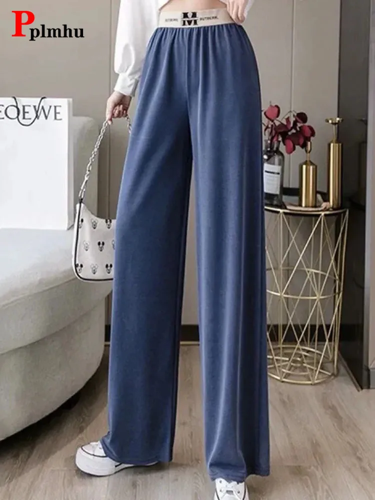 

Casual Thin Elastic High Waist Pants Spring Summer Pantalones Korean Ice Silk Baggy Sweatpants Vintage Womens Straight Trousers