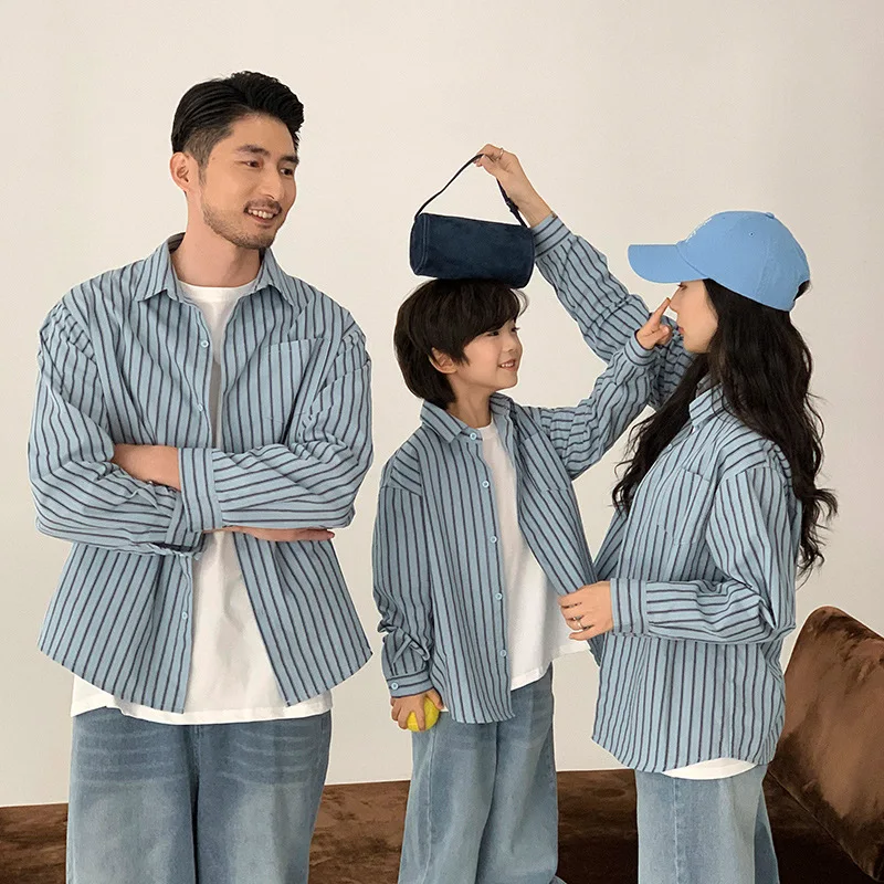 

2025 Autumn Family Matching Striped Shirt Set Mother & Daughter Father & Son Long Sleeve Cotton Shirts Outfits 2-4 People Tops