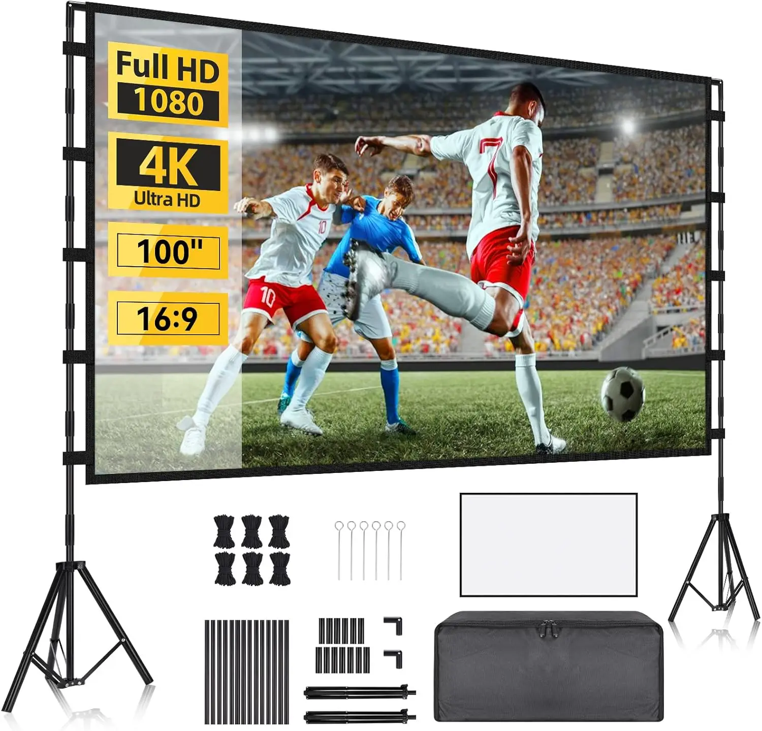 

100-дюймовый экран проектора с подставкой 16:9 4K HD складной видеоэкран для использования в помещении и на открытом воздухе для домашнего кинотеатра в кемпинге