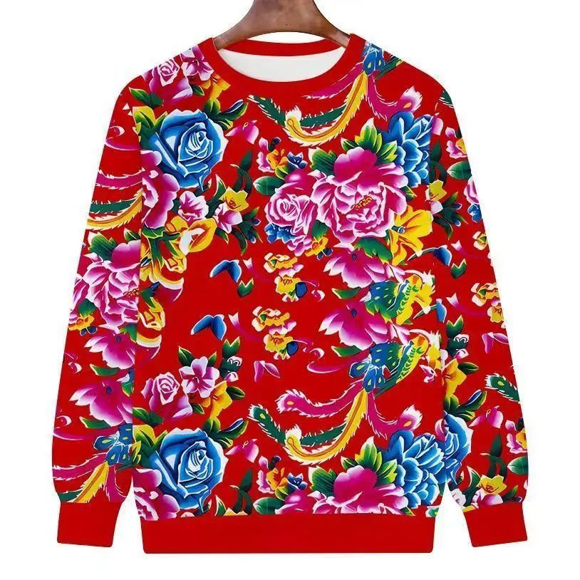 

2025 New Style Sweatshirt Jacket with Round Neck, Trendy Ethnic Floral Design for Couples, Men and Women, Comfortable and Fashionable Northeast Floral Top