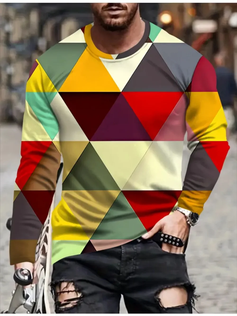 

T Shirts for Man Geometric Block 3D Print Autumn Long Sleeve T-Shirt Pullover Casual Male Tops Street Lightweight Men's Clothes