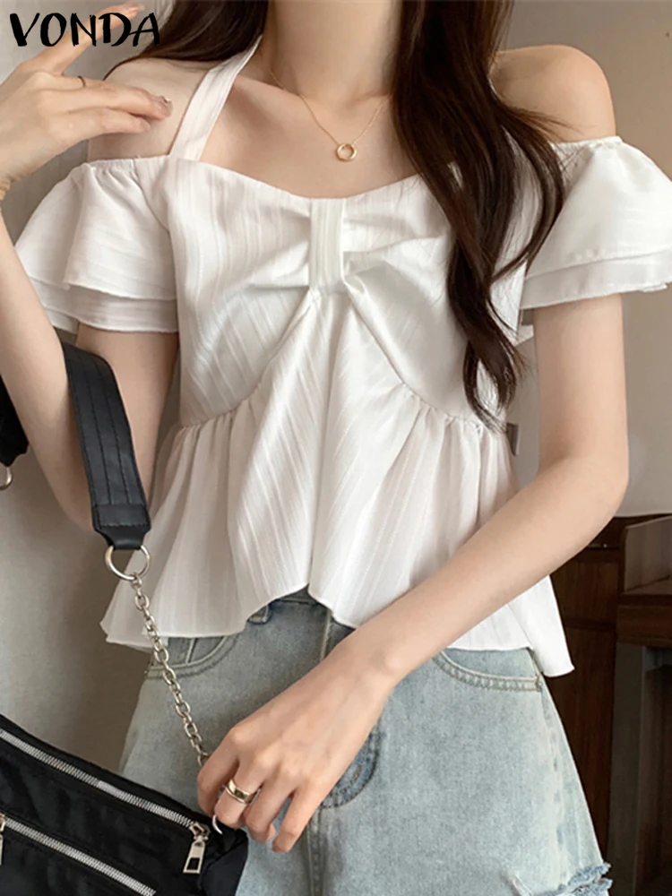 VONDA Summer Blouses 2024 Women ELegant Solid Color Blusas Off-The-Shoulder Holiday Top Short Sleeve Casual Tunics Oversized