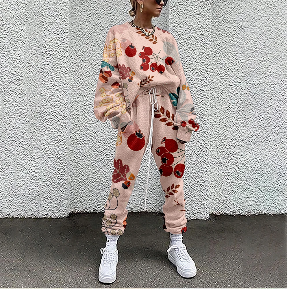 Women Tracksuit Maple Leaf Print 2 Piece Outfit Sweatshirt+Straight Sweatpants Matching Set Fitness Sporty Streetwear