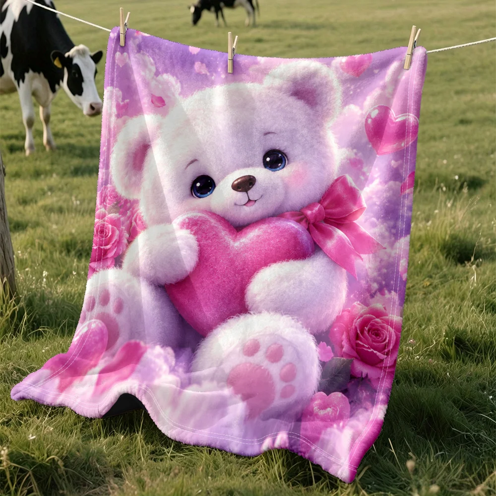 Cute Pink Bear Love Heart Throw Blanket Plush Cozy Gift for Girls Birthday Valentines Day Decor