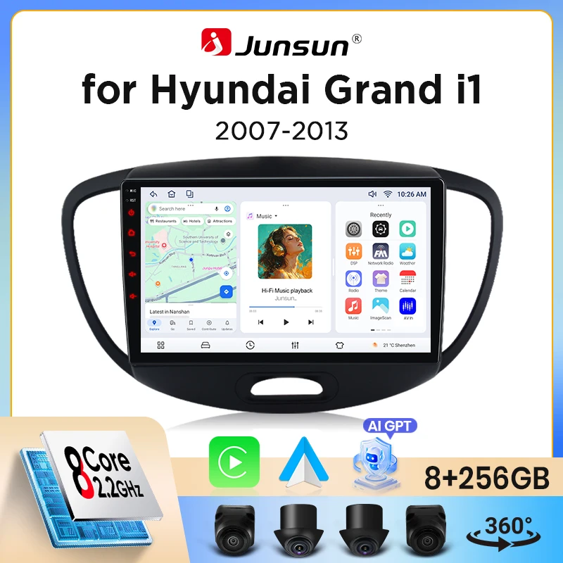 Image of Junsun Wireless CarPlay Android Auto Autoradio für Hyundai i10 Mk1 (PA) 2007-2013 mit eingebautem Lüfter, Android GPS-Navigation, Multimedia-Player, WiFi, DSP, RDS, BT, SWC, IPS-Touchscreen,