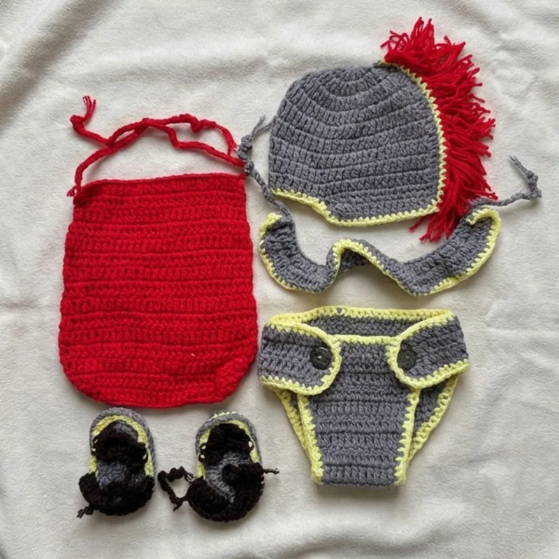 Newborn Photography Props Spartan Warrior Gladiator Costume 5Pcs Set Handmade Crochet Knit Baby Boy Photo Shoot Outfit Suit