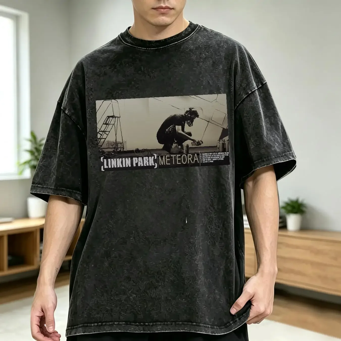 washed T Shirt Meteora Rock Graffiti Black long or short sleeves vintage Washed Top For Everyday Wear graphic Stylish Casual