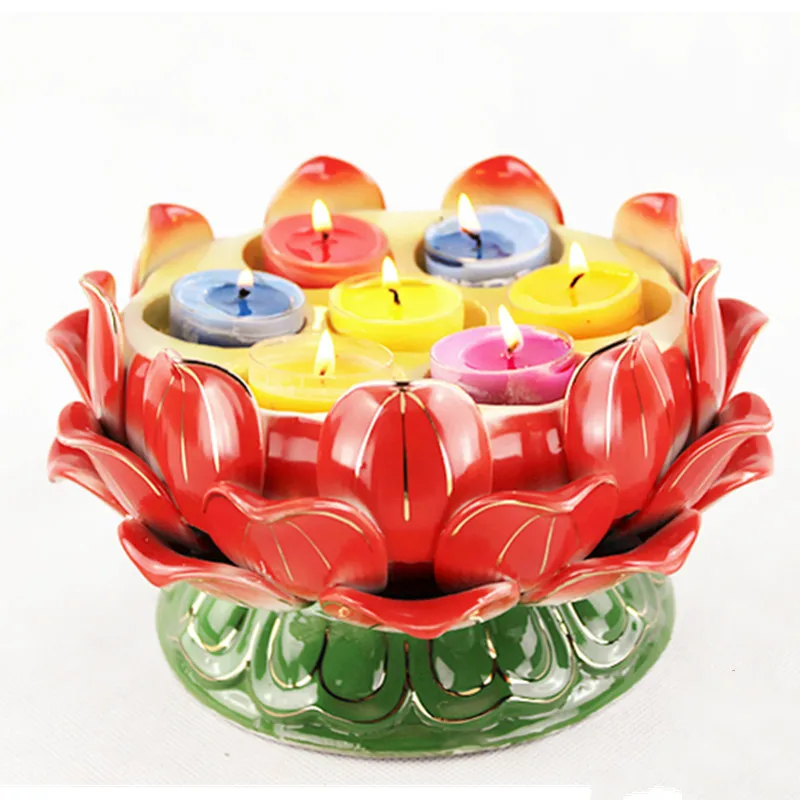 Seven Star lotus flower candleholder ceramic lamp golden yellow pink white candle Buddhist holder Candlestick candler buddha