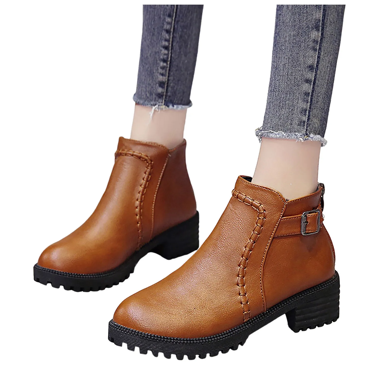 Womens Low Heel Shoes Short Ankle Boots Round Toe Mid Heel Winter Booties For Women Low Heel Back Zipper Wide Width Botas Mujer