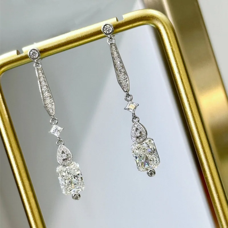 S925Silver Water Drop Square Crown Full Diamond Long Tassel Exquisite High-Grade Light Luxury Earrings