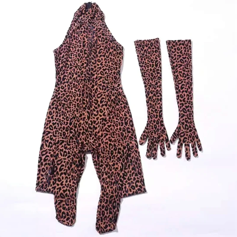 Macacão com estampa de leopardo sexy gola alta macacões finos com luvas de manga comprida feminino macacão de clube da meia-noite