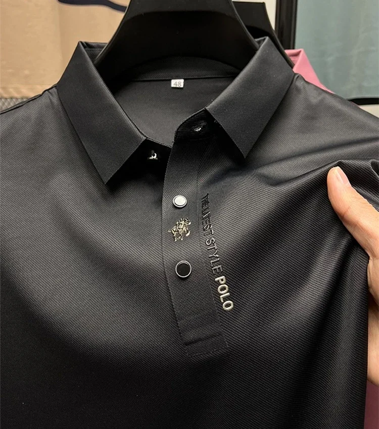 Luxury brand embroidered short sleeve T-shirt men\'s lapel 2024 new summer ice silk seamless breathable golf casual POLO shirt