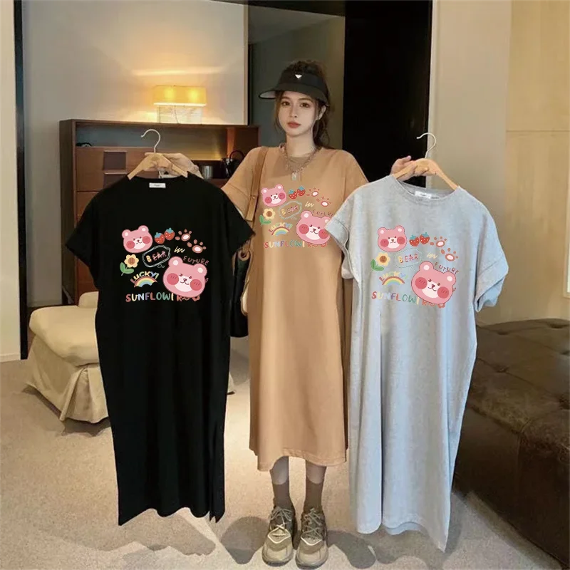 

Summer New Loose Dress for Women Casual Fashion Cartoon Fun Cute Bear Print Round Neck Large Size Short Sleeve Dress
