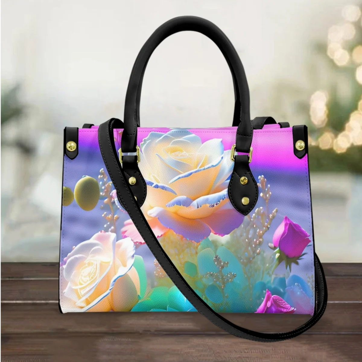 FORUDESIGNS Romantic Rose Flower Handbag Beach Scenery Tote Bag Top Handle Leather Shopping Bag Portable Storage Luxury