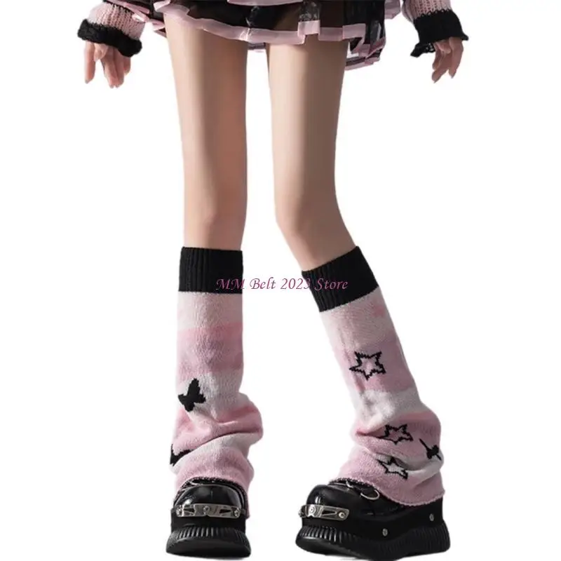 49ME Reversible Knitted Leg Warmers with Butterfly Bows Pattern for Girl's Aesthetic Grunge Flared Boot Covers Footless Socks