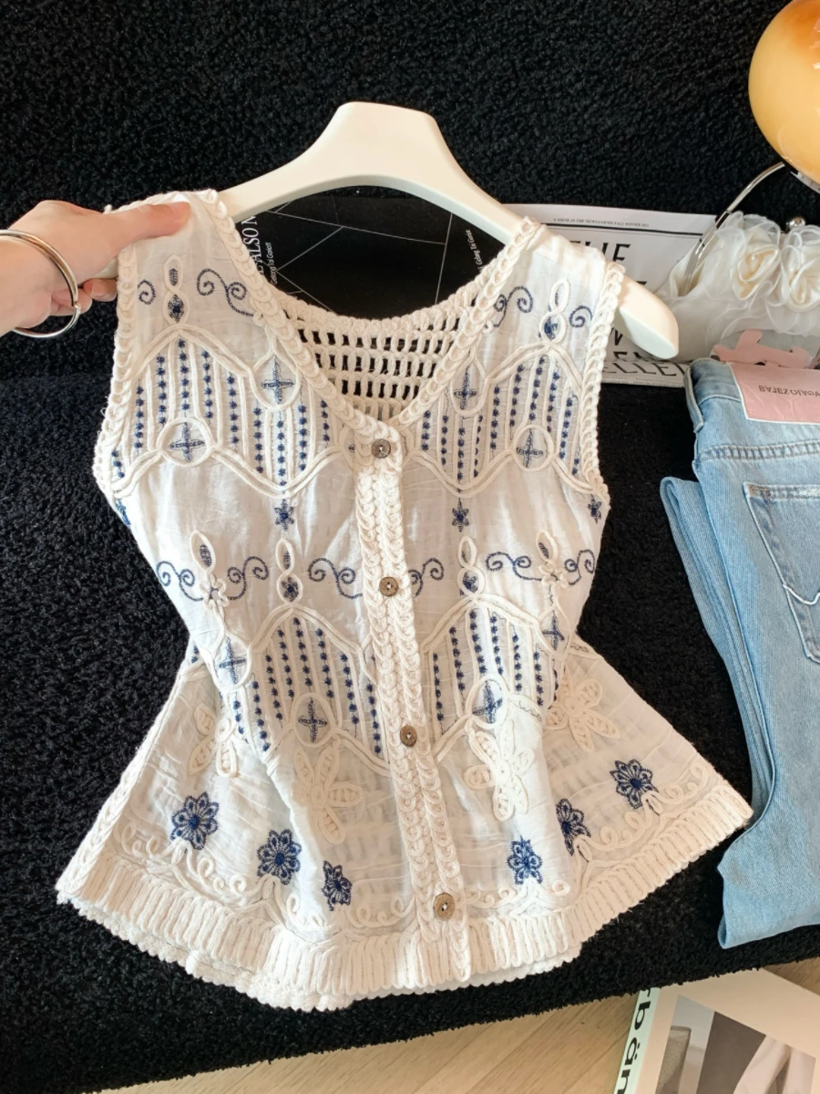 Bohemian Embroidered Hollow Knitted Vest Women's Summer New Holiday Style Open Cardigan Top Sleeveless V-neck Breathable