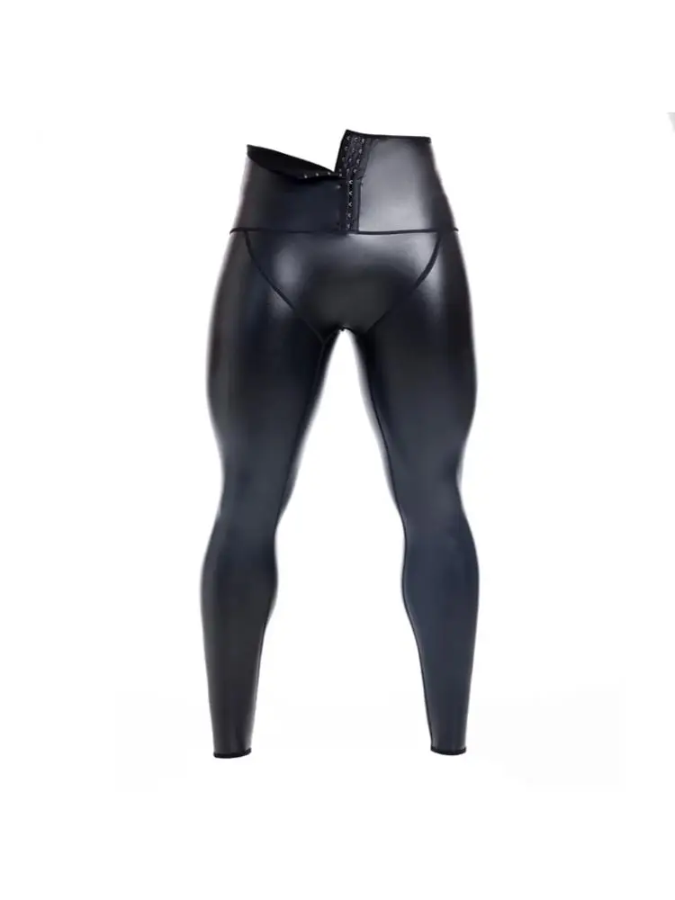 Men Traceless High Waist PU  Leather Hip Pants Cropped Breasted Body shaping Buckle Cross body Fitness breasted Thickened  Soft view 5