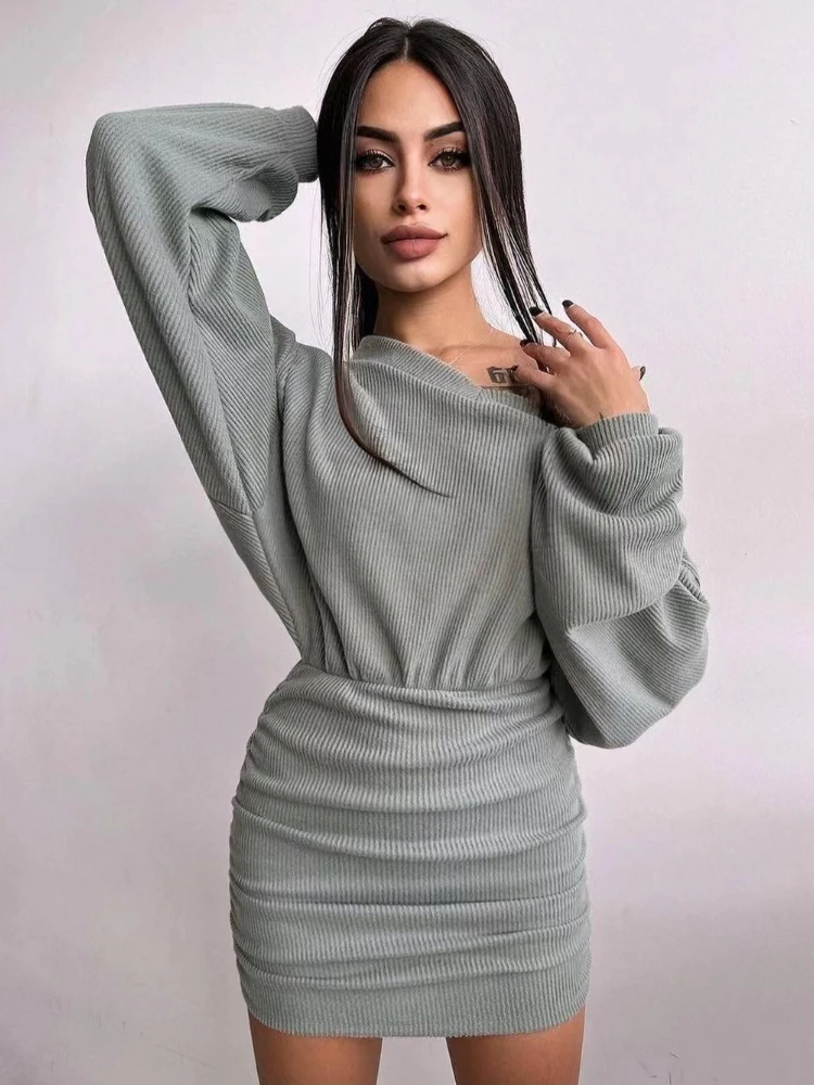순수 컬러 니트 드레스 v 넥 느슨한 모아 립 질감 Bodycon 드레스 긴 소매 오피스 세련된 우아한 여성 패션 의류
