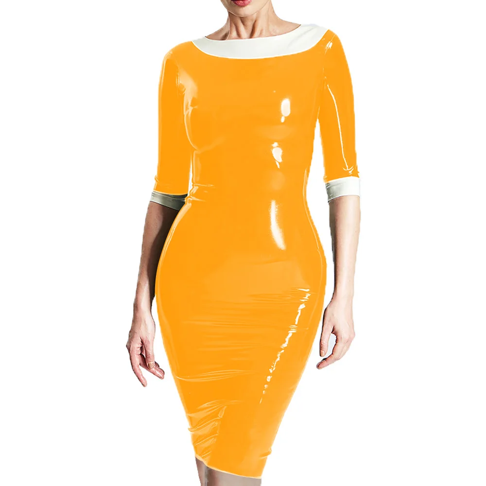 Women's Elegant Round Neck Patchwork Half Sleeve PVC Shiny Dress,Slim Fit Knee-Length Dress,Female Fashion Street Dresses