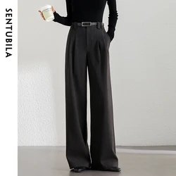 SENTUBILA Casual Loose Knit Pants Women 2024 Winter Cozy Folds Straight-leg Pants High-waist Work Business Trouser 144k56333