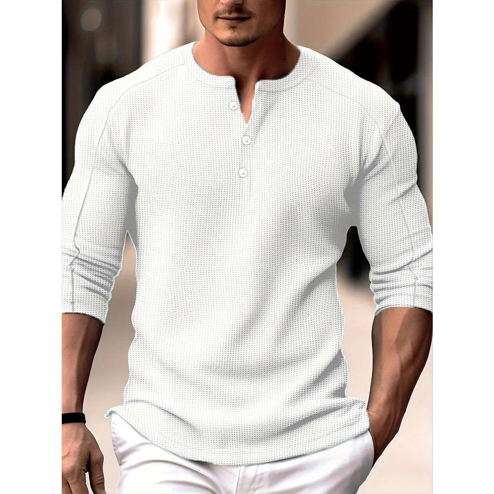 

Men's Premium Waffle-Knit Sports Shirt - Long Sleeve, Casual Autumn & Winter Top with Button Detail