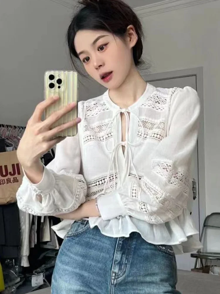 Boho Elegant Chic Blouse Shirt White Cotton Summer Spring Women Blouse Lantern Sleeve Hollow Out Sexy Ladies Top Shirt