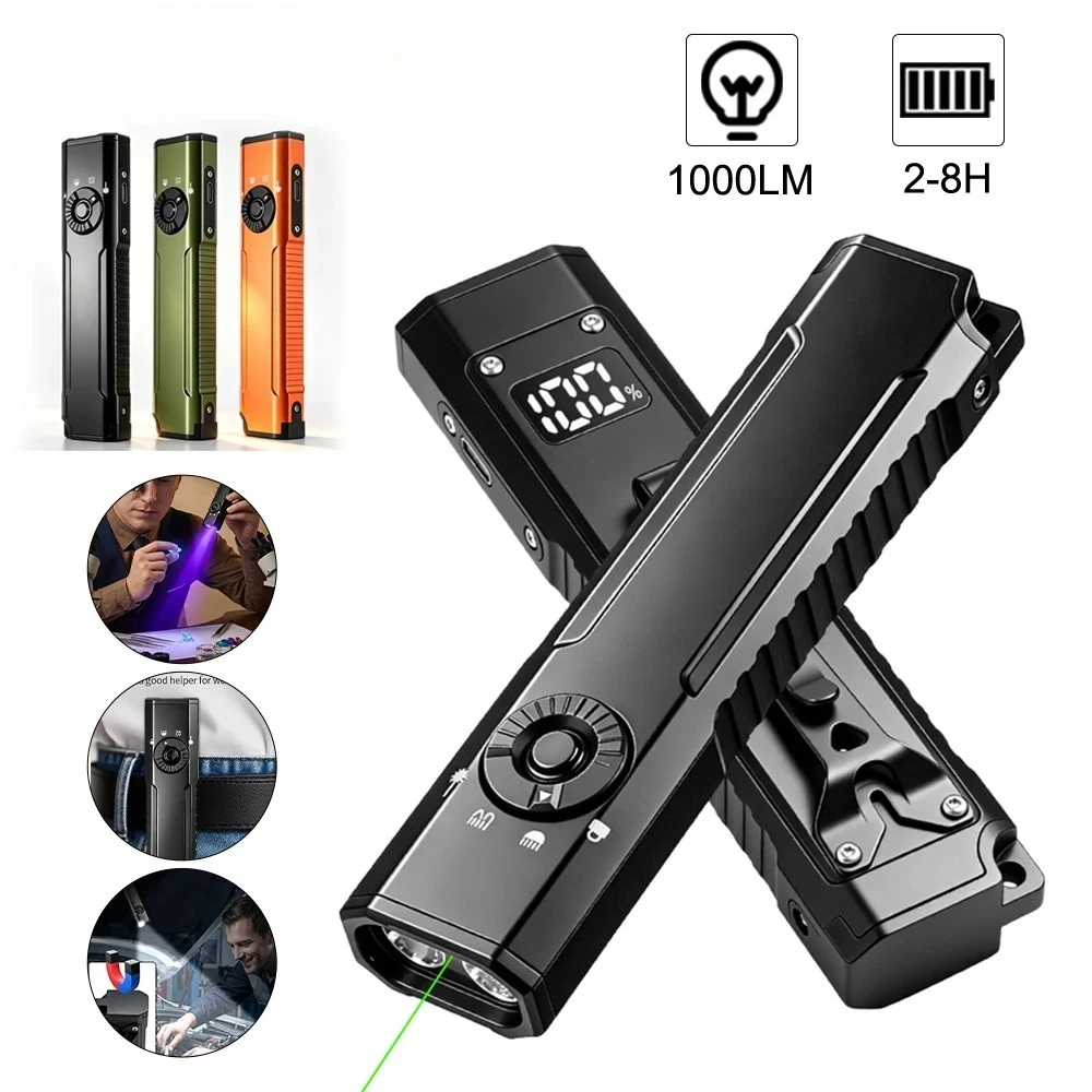 Portable EDC Multi Bright Flashlight 395nm UV Dual Light Source Waterproof Pocket Clip Torch for Daily Carry Outdoor Inspection