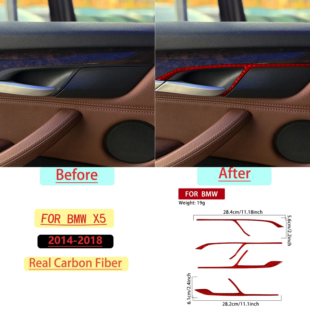For BMW X5 2014–2018 Car Door Handle Frame Set Trim Red Real Soft Carbon Fiber Interior Car Accessories Decoration Stickers