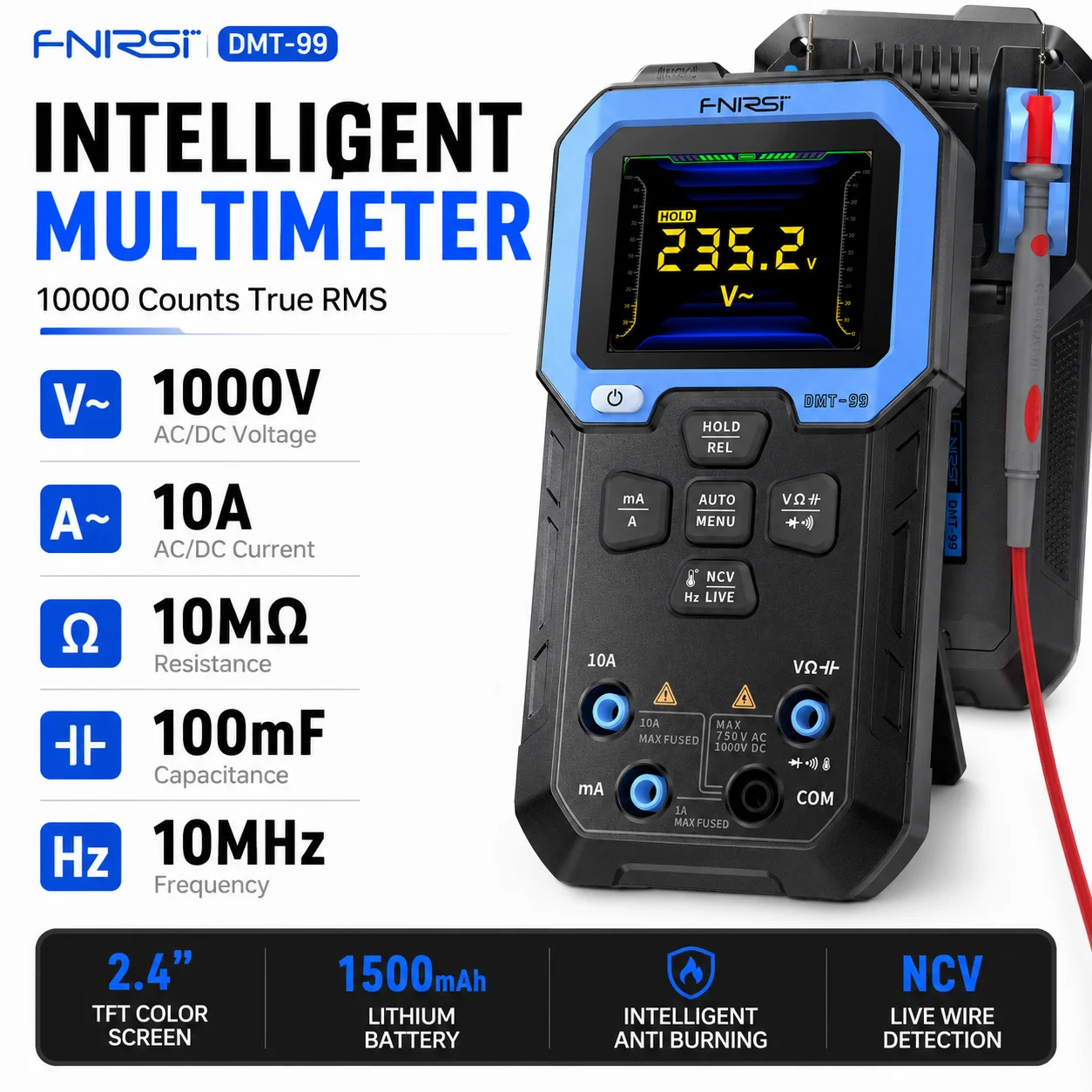 Digital Multimeter 10000 Counts True RMS AC DC Voltage Current Tester Color TFT Display Rechargeable with Temperature Capacitanc