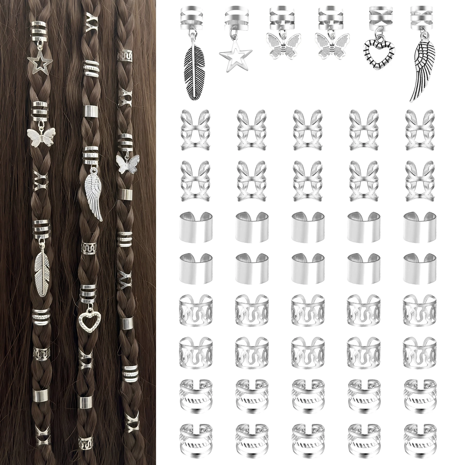 46 pièces de perles de cheveux en forme de papillons, cœurs, étoiles et feuilles argentées, bijoux, anneaux de cheveux, accessoires, cadeaux pour femmes, pour les rendez-vous, les fêtes et les vacances