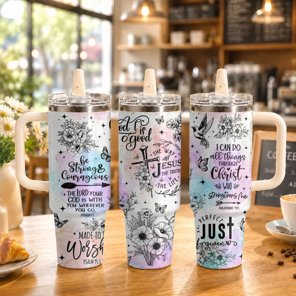 Christian Faith Vacuum Flasks 40oz Stainless Steel Thermal Tumbler with Handle & Straw Leakproof Car Vacuum Travel Mug