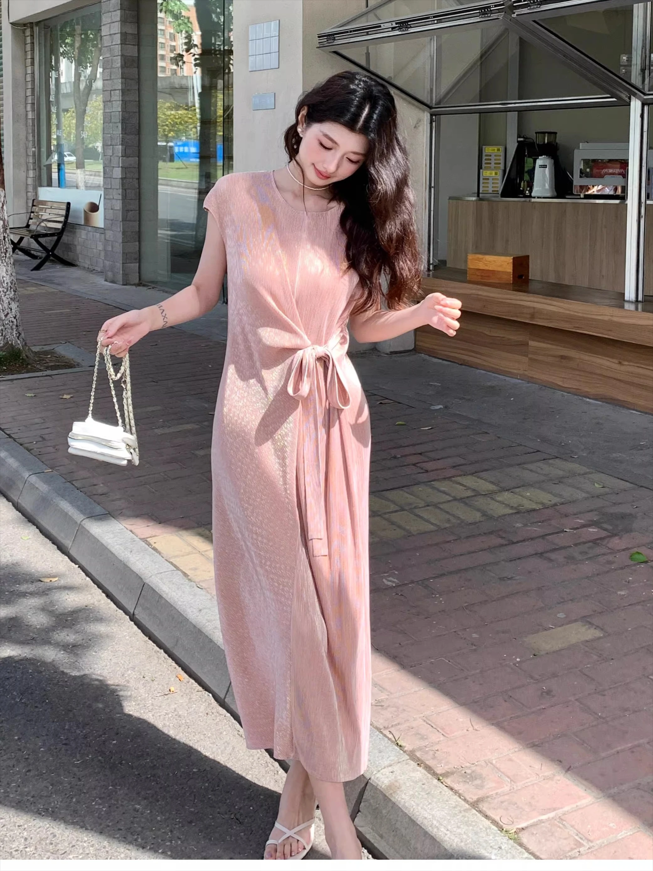 Miyake Pleated Blush Pink Waist Tie Pleated Sleeveless Midi Dress Oversized Breathable Casual Summer Women's Fashion Clothing