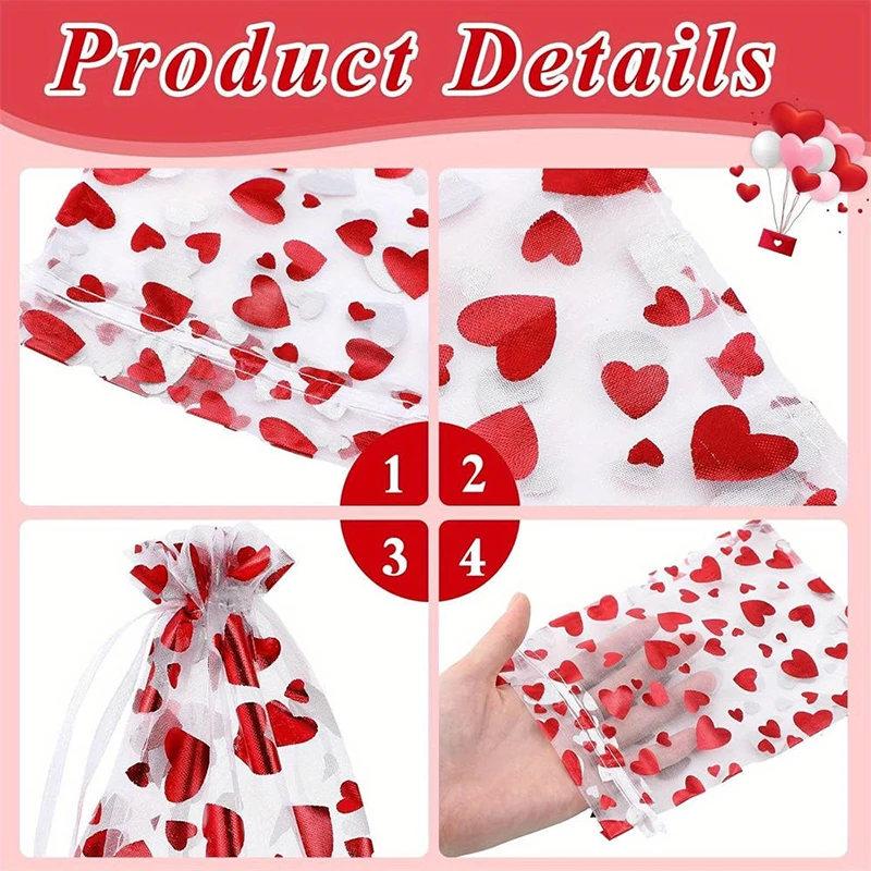 Heart Printed Organza Bag Jewelry Packaging Gift Pouch Yarn Candy Bags With Drawstring For Wedding Party Festival