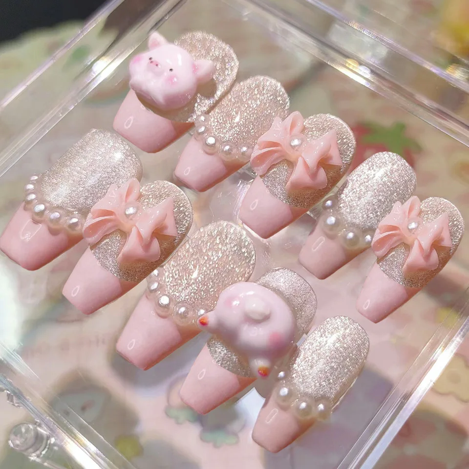 10Pcs Handmade Fake Nails Cute Pink Pig Bowknot Designs Ballerina Press on Nails Glossy Sequins French Style Wearable Manicure