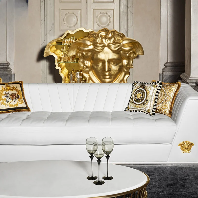 royal golden Italy 2 seart home living room furniture sofa set leather couch 3 seater villa white dubai luxury medusa sofa